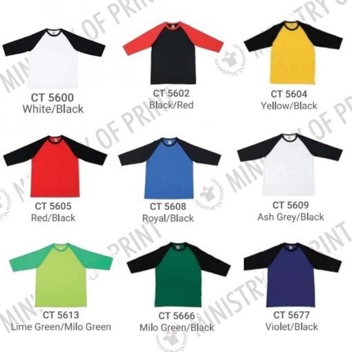 Raglan 3/4 Long Sleeve Cotton T-shirt (CT56)