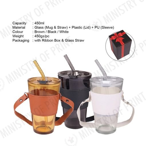 450ml Glass Mug with Strap & Straw (DW0204)
