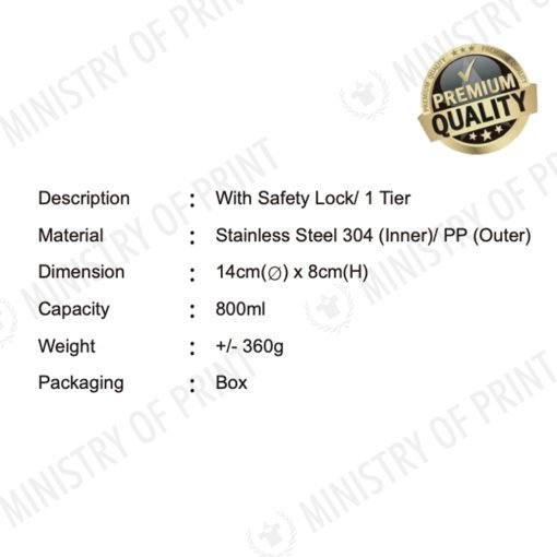1-Tier Stainless Steel Lunch Box with Safety Lock (800ml) (LS0138)