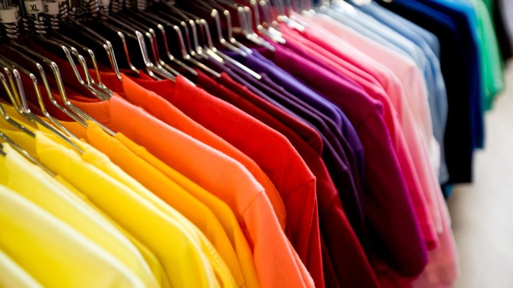 An array of colorful T-shirts.