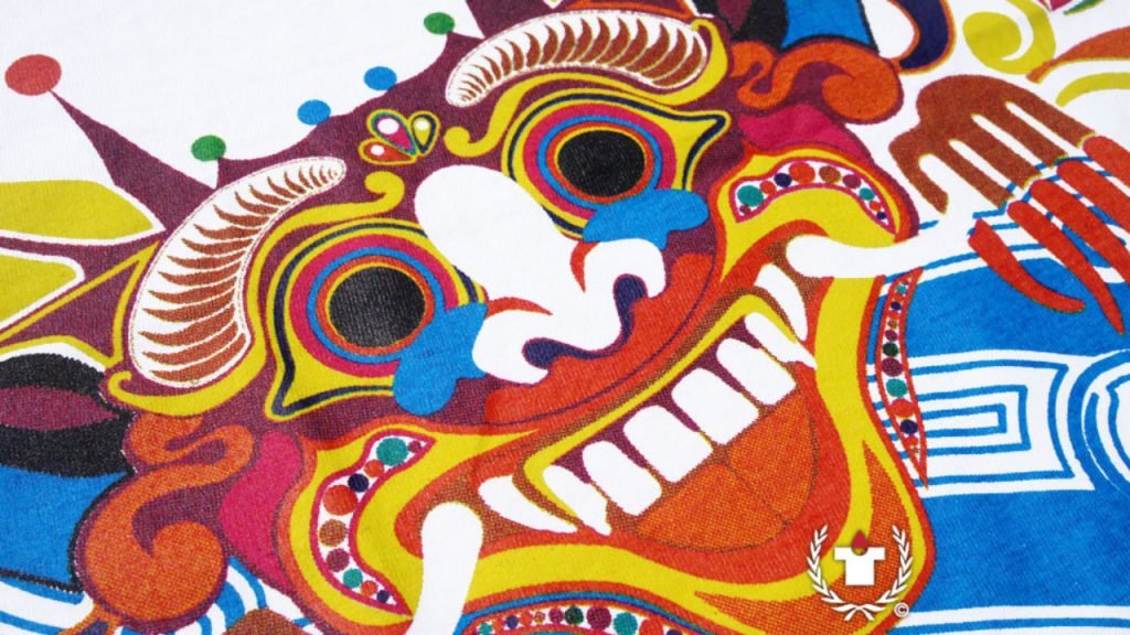 Design with very bright neon colors printed using CMYK Silkscreen method.